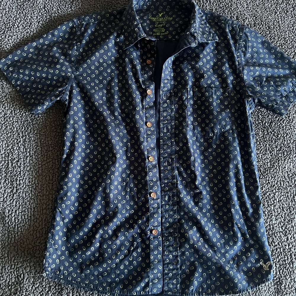 2/30 Men’s American Eagle Outfitters Navy Patterned Button Down Shirt Casual Y2K